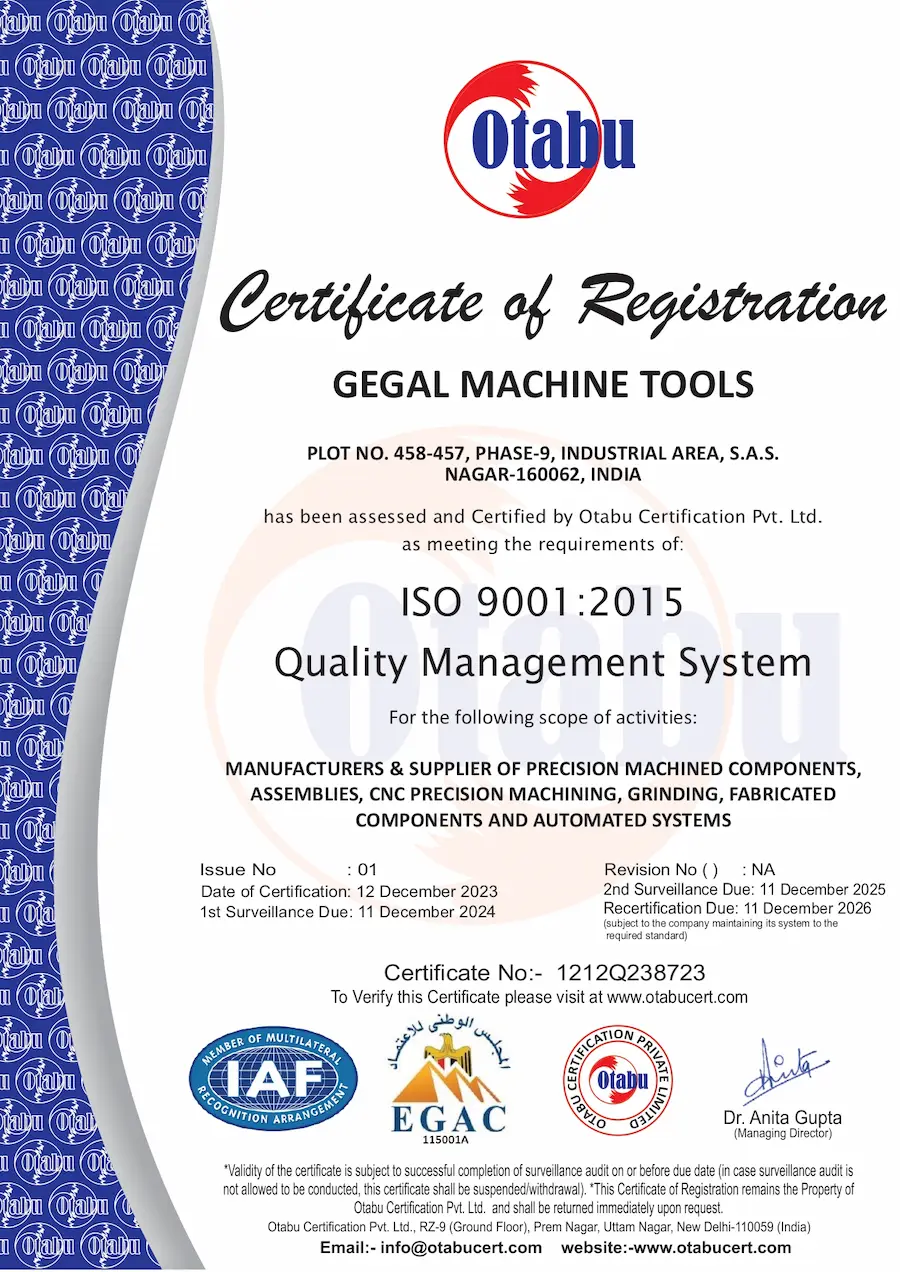 ISO 9001:2015 certificate of registration issued to Gegal Machine Tools, Mohali facility