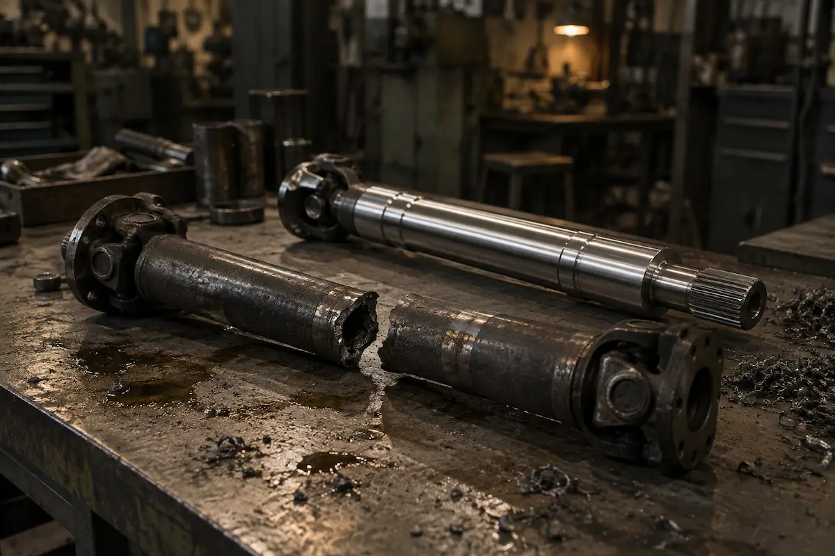 Broken machine shaft beside its remade replacement at Gegal Machine Tools in Mississauga