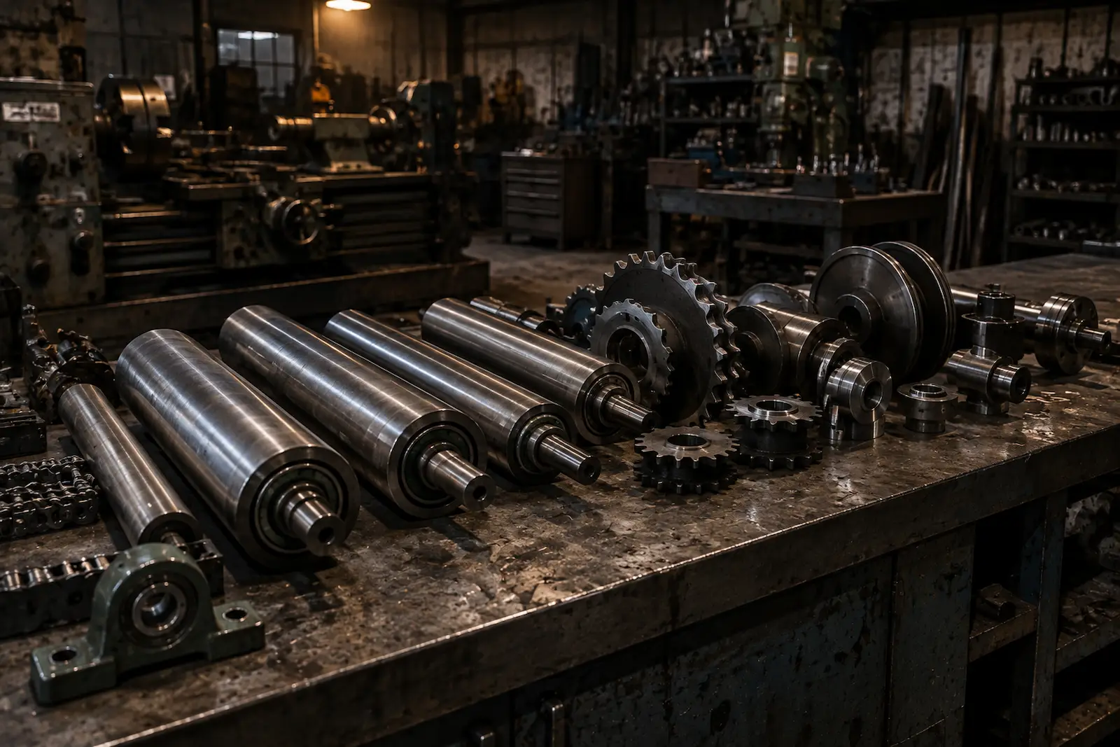 Conveyor rollers and drive components laid out at Gegal Machine Tools in Mississauga