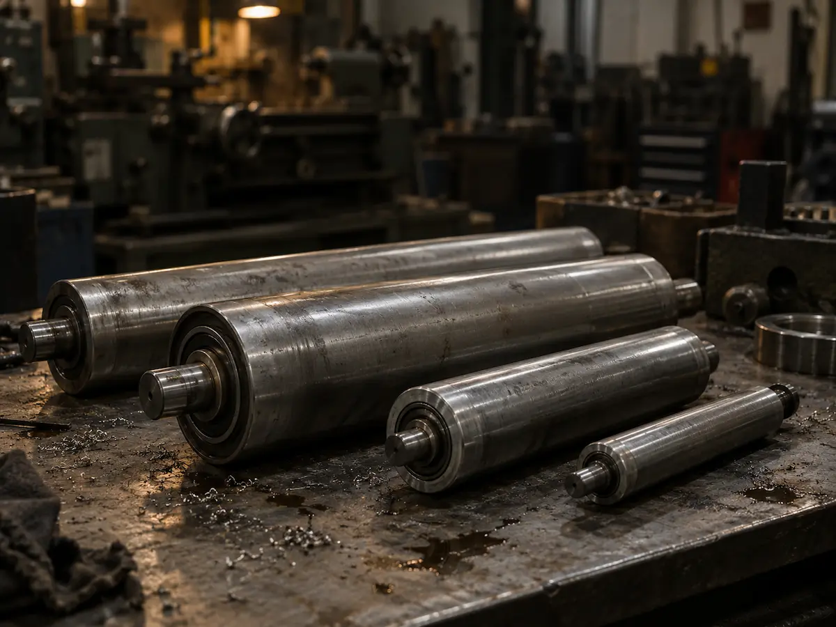 Machined conveyor rollers on the bench at Gegal Machine Tools in Mississauga