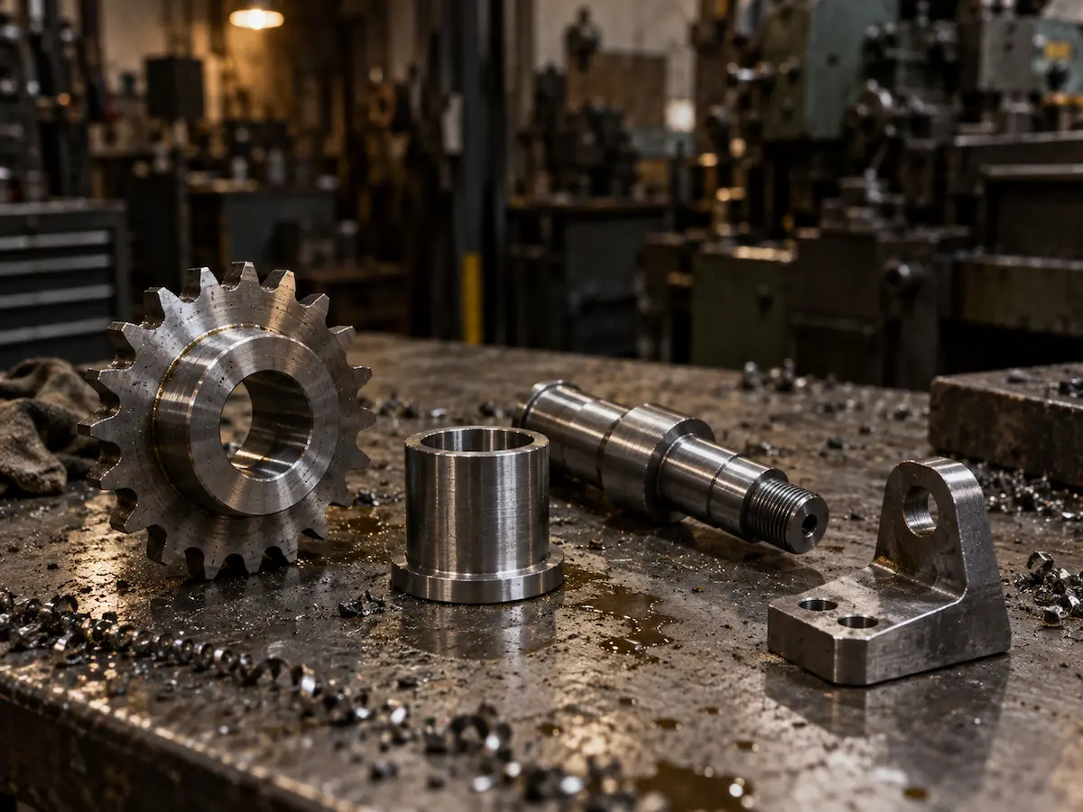 Custom machined steel parts on the bench at Gegal Machine Tools in Mississauga