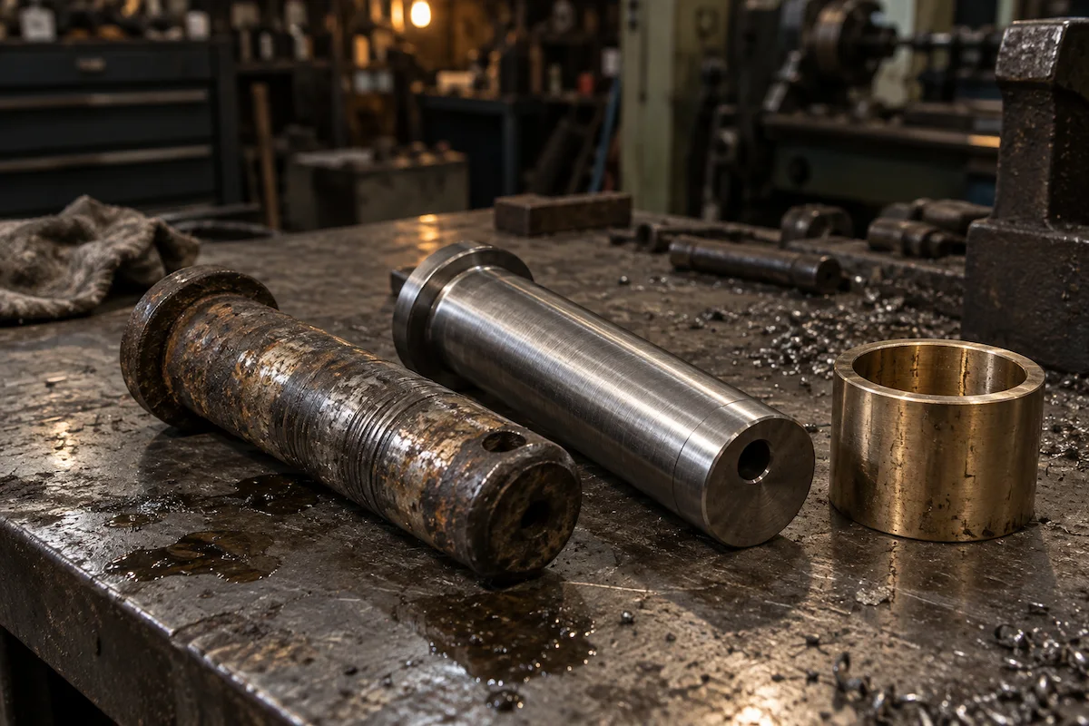 Worn excavator pin beside a newly machined replacement pin and bronze bushing at Gegal Machine Tools in Mississauga