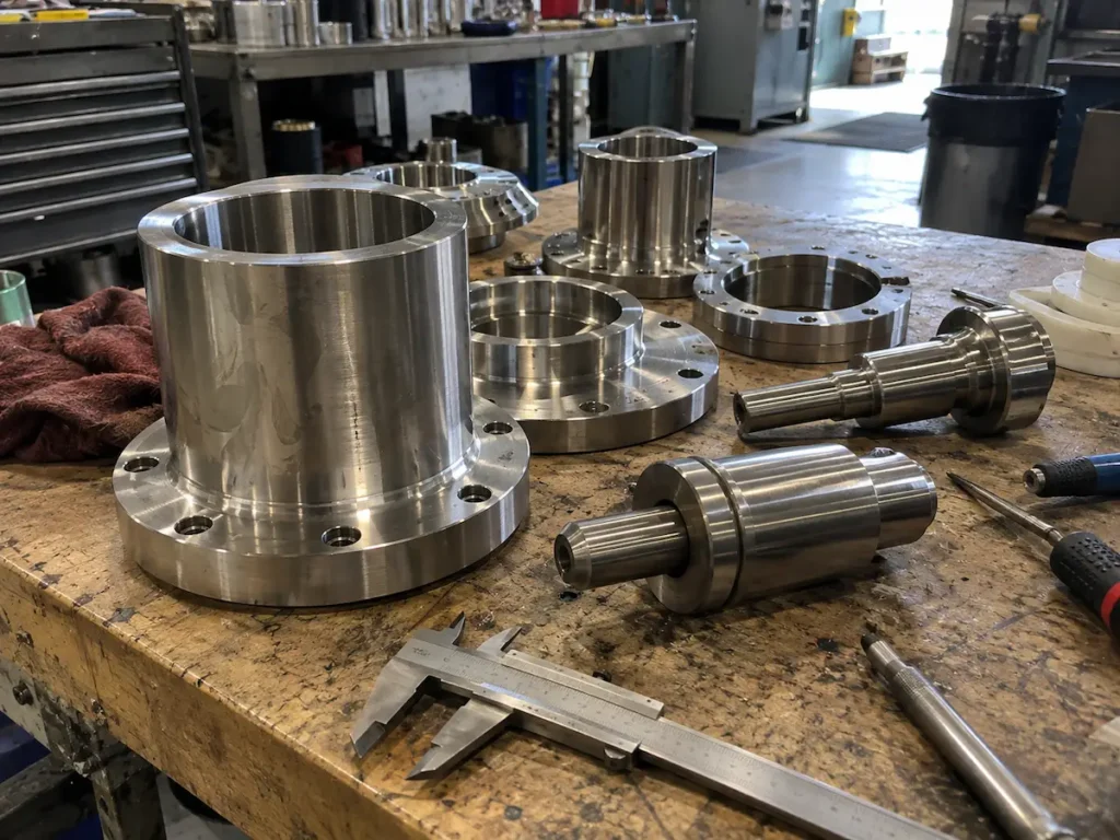 Stainless steel flanged housings, bushings and shafts machined for food processing equipment