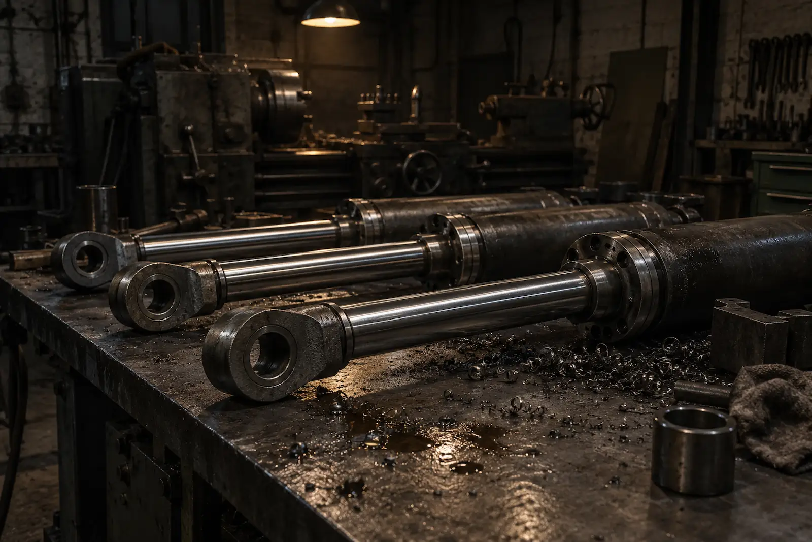 Machined chrome hydraulic cylinder rods on the bench at Gegal Machine Tools in Mississauga