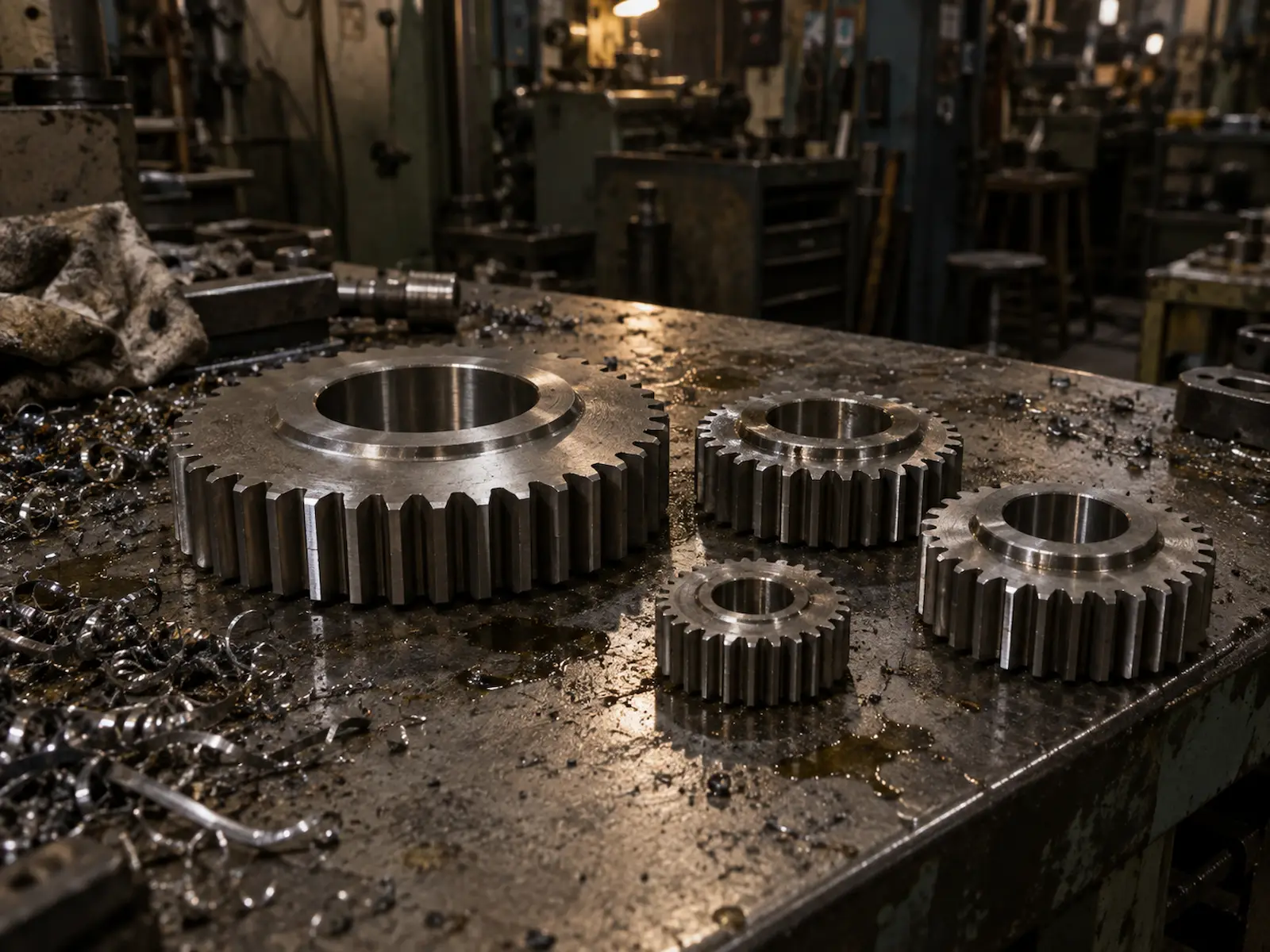 Machined steel gears on the bench at Gegal Machine Tools in Mississauga