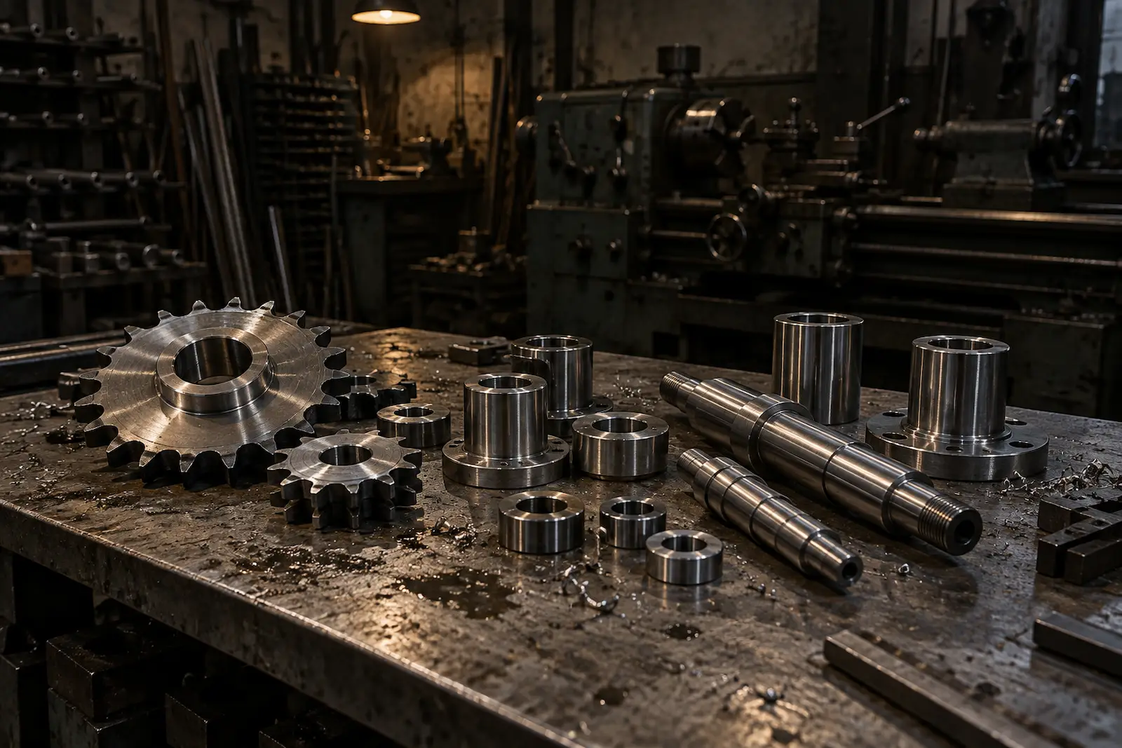 Machined sprockets, shafts and bushings on the bench at Gegal Machine Tools in Mississauga