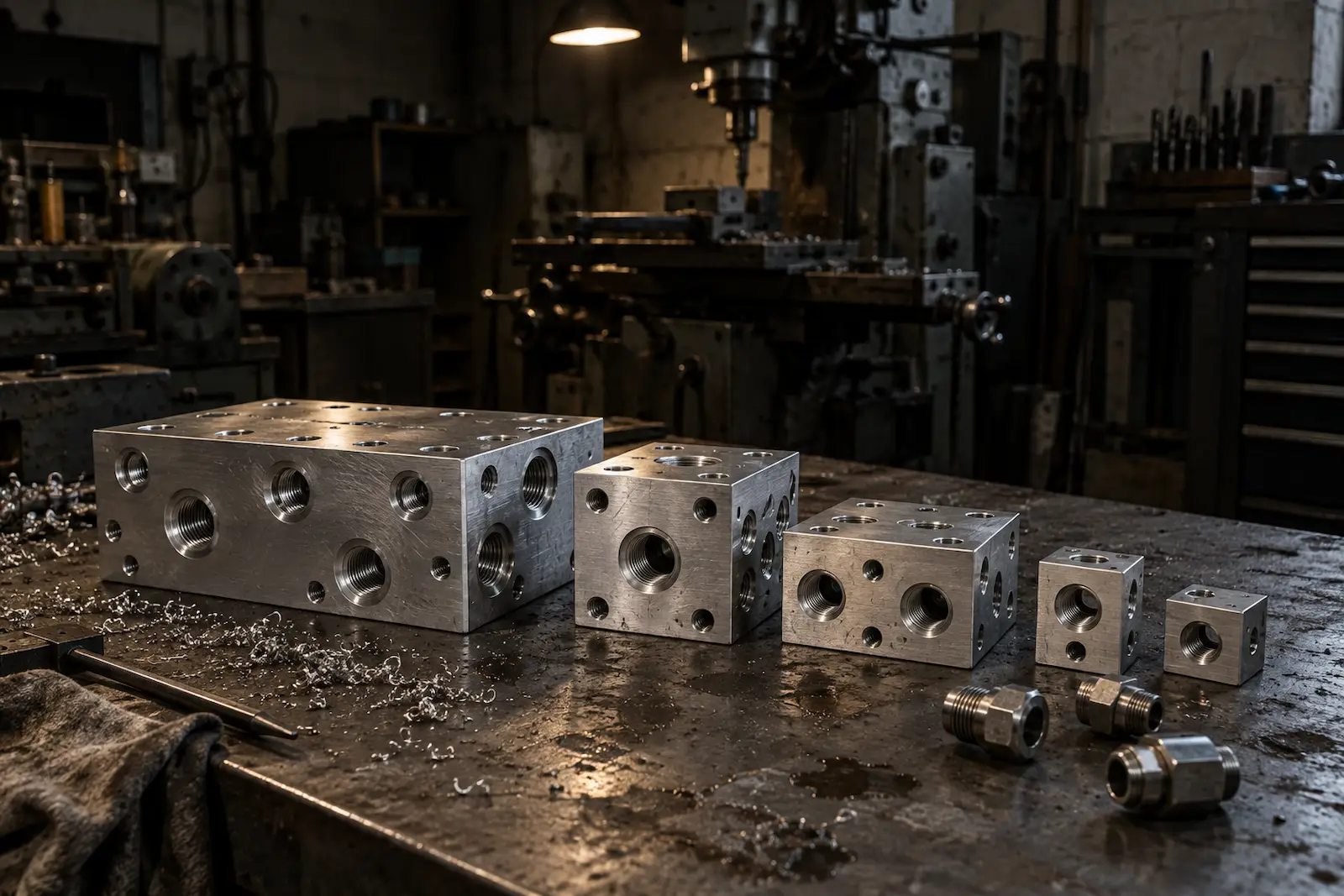 Machined manifold blocks and custom fittings at Gegal Machine Tools in Mississauga