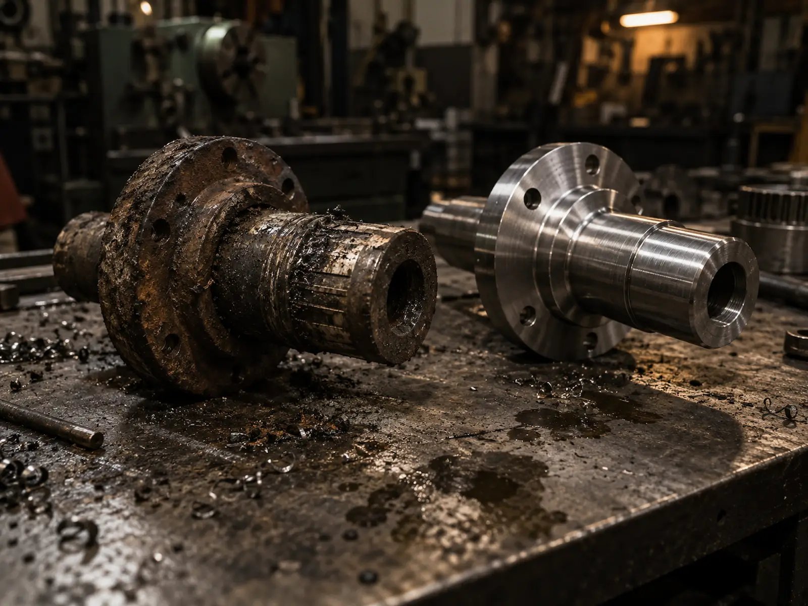 A worn original part beside its remade copy at Gegal Machine Tools in Mississauga