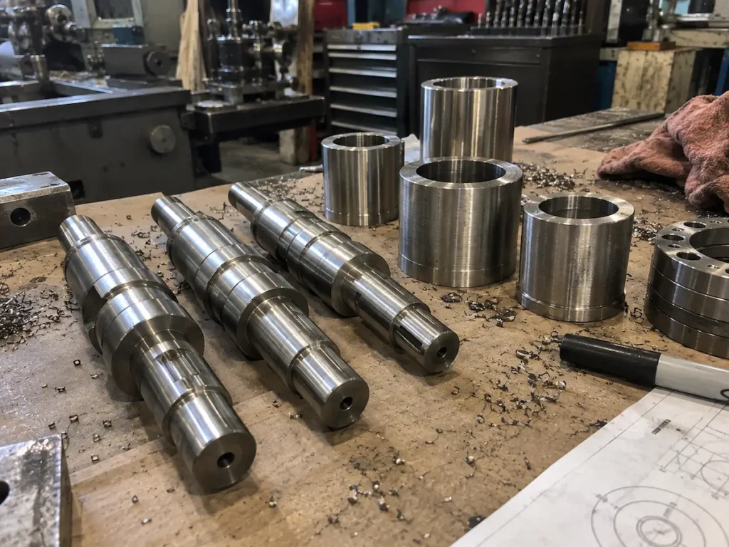 Set of machined stainless steel shafts with keyways, made as replacement spares for packaging machinery