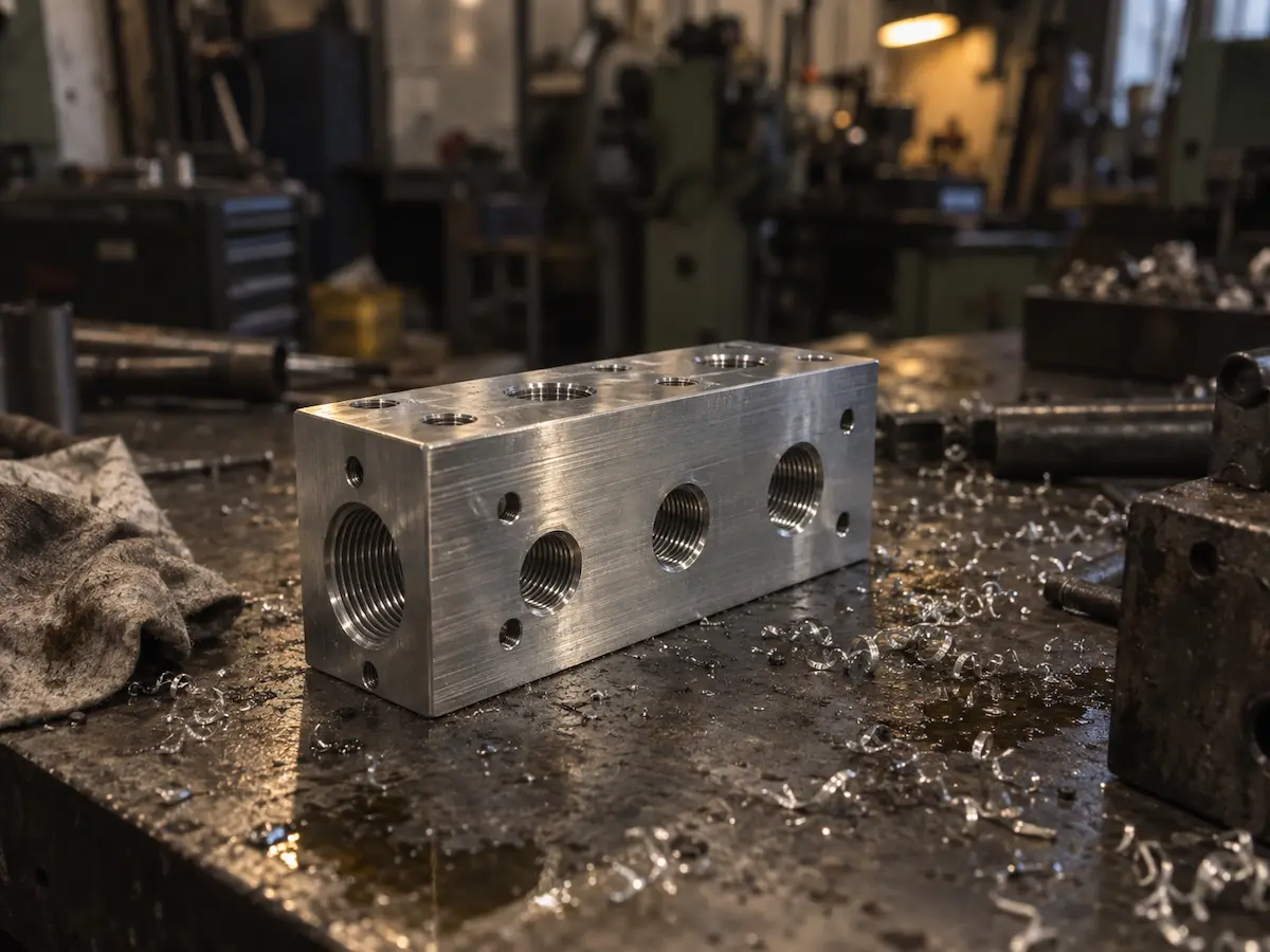 Machined aluminium manifold block on the bench at Gegal Machine Tools in Mississauga