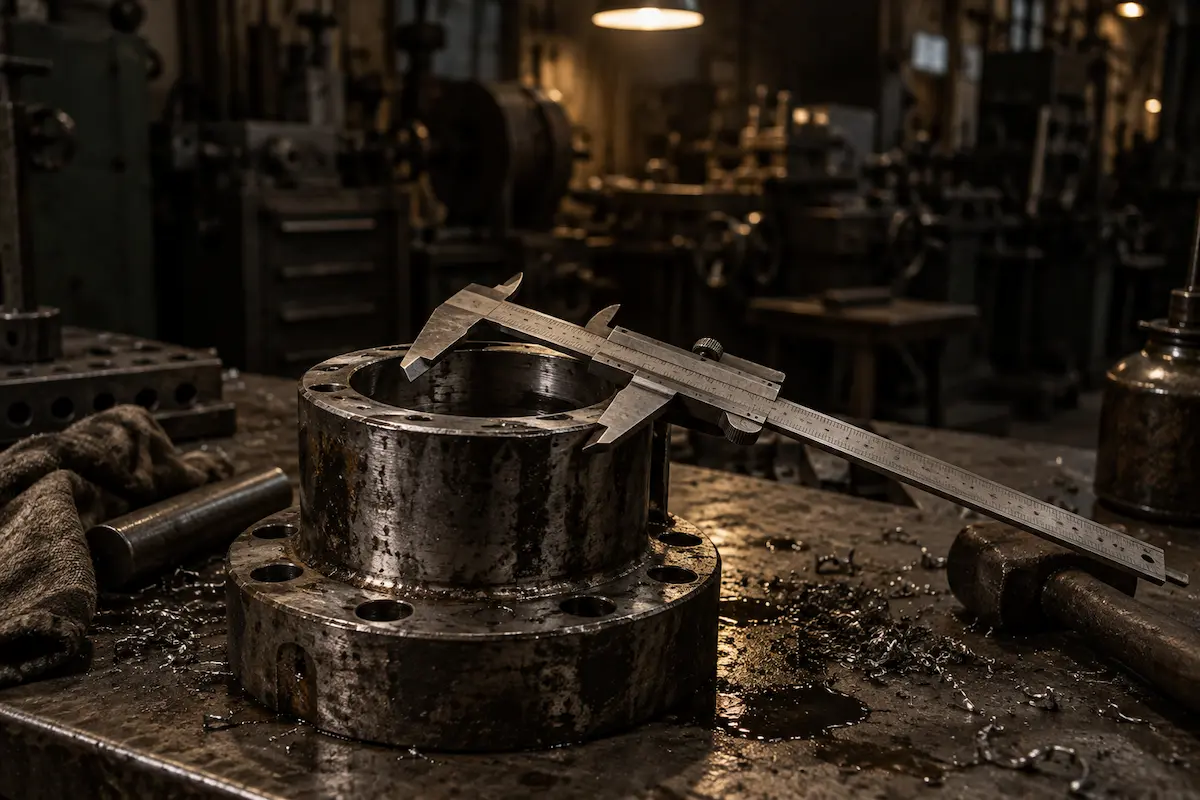 Worn machine part being measured with calipers at Gegal Machine Tools in Mississauga