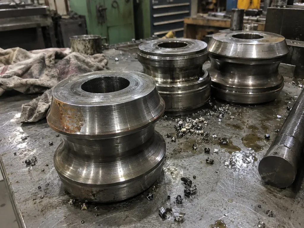 Machined steel forming rolls with contoured profiles on the shop floor at Gegal Machine Tools
