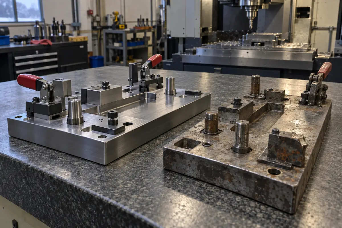 Steel weld fixtures with locating pins and toggle clamps on a surface plate at Gegal Machine Tools in Mississauga