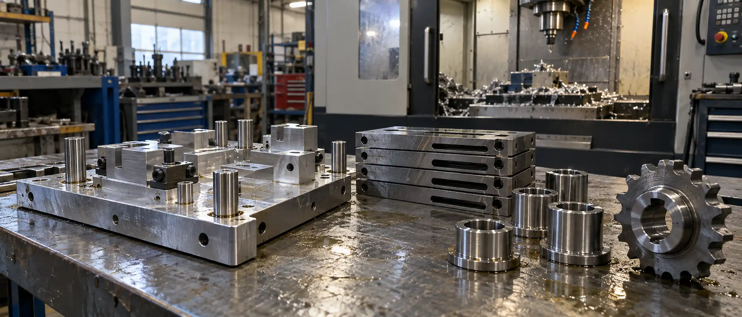 Milled fixtures, wear plates and line spares on a bench at Gegal Machine Tools in Mississauga